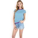 Blue Large Women's Striped Knit Cap Sleeve Top with Contrast Trim