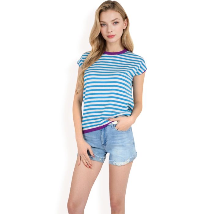 Women's Striped Knit Cap Sleeve Top with Contrast Trim