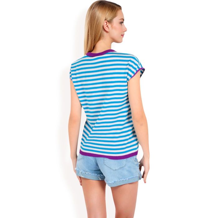 Women's Striped Knit Cap Sleeve Top with Contrast Trim