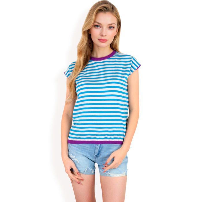 Women's Striped Knit Cap Sleeve Top with Contrast Trim