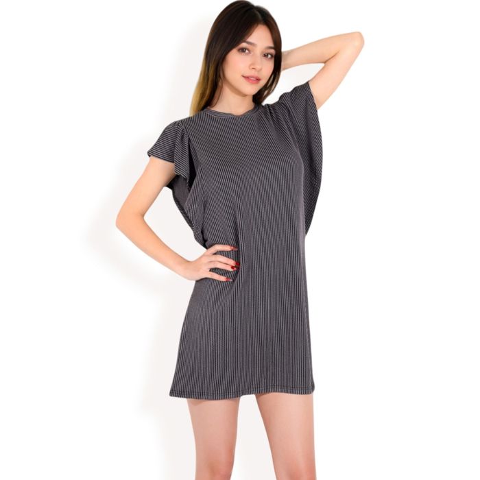 Women's Ruffle Sleeve Textured Knit Mini Shift Dress