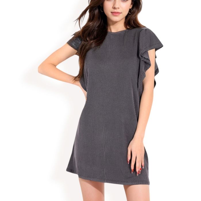 Women's Ruffle Sleeve Textured Knit Mini Shift Dress