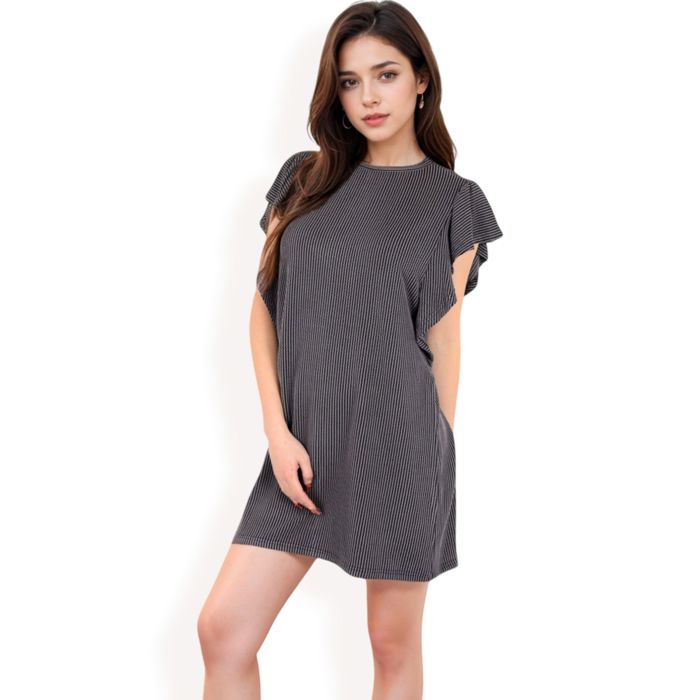 Women's Ruffle Sleeve Textured Knit Mini Shift Dress