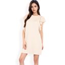 Beige Medium Women's Ruffle Sleeve Textured Knit Mini Shift Dress