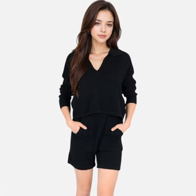 Women's-Textured-Long-Sleeve-Pullover-and-Shorts-Set-with-Collared-Neckline