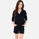 Black Large Women's-Textured-Long-Sleeve-Pullover-and-Shorts-Set-with-Collared-Neckline