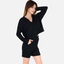 Black Medium Women's-Textured-Long-Sleeve-Pullover-and-Shorts-Set-with-Collared-Neckline