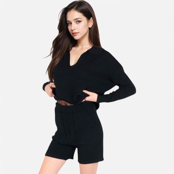 Women's-Textured-Long-Sleeve-Pullover-and-Shorts-Set-with-Collared-Neckline