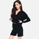 Black XL Women's-Textured-Long-Sleeve-Pullover-and-Shorts-Set-with-Collared-Neckline