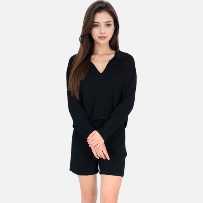 Women's-Textured-Long-Sleeve-Pullover-and-Shorts-Set-with-Collared-Neckline