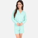 Green Large Women's-Textured-Long-Sleeve-Pullover-and-Shorts-Set-with-Collared-Neckline