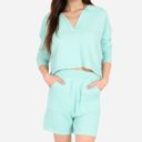 Green XL Women's-Textured-Long-Sleeve-Pullover-and-Shorts-Set-with-Collared-Neckline