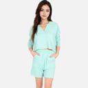 Green XL Women's-Textured-Long-Sleeve-Pullover-and-Shorts-Set-with-Collared-Neckline