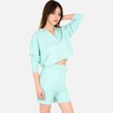Green XL Women's-Textured-Long-Sleeve-Pullover-and-Shorts-Set-with-Collared-Neckline