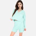 Green XL Women's-Textured-Long-Sleeve-Pullover-and-Shorts-Set-with-Collared-Neckline
