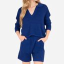 Blue Large Women's-Textured-Long-Sleeve-Pullover-and-Shorts-Set-with-Collared-Neckline