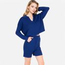 Blue Medium Women's-Textured-Long-Sleeve-Pullover-and-Shorts-Set-with-Collared-Neckline