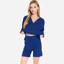Blue Medium Women's-Textured-Long-Sleeve-Pullover-and-Shorts-Set-with-Collared-Neckline