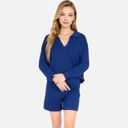 Blue Small Women's-Textured-Long-Sleeve-Pullover-and-Shorts-Set-with-Collared-Neckline