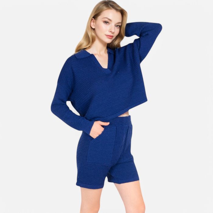 Women's-Textured-Long-Sleeve-Pullover-and-Shorts-Set-with-Collared-Neckline