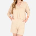 Beige Large Women's-Textured-Long-Sleeve-Pullover-and-Shorts-Set-with-Collared-Neckline