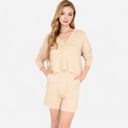 Beige Large Women's-Textured-Long-Sleeve-Pullover-and-Shorts-Set-with-Collared-Neckline