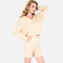 Beige XL Women's-Textured-Long-Sleeve-Pullover-and-Shorts-Set-with-Collared-Neckline