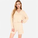 Beige XL Women's-Textured-Long-Sleeve-Pullover-and-Shorts-Set-with-Collared-Neckline