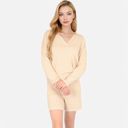 Beige XL Women's-Textured-Long-Sleeve-Pullover-and-Shorts-Set-with-Collared-Neckline