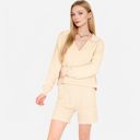 Beige XL Women's-Textured-Long-Sleeve-Pullover-and-Shorts-Set-with-Collared-Neckline