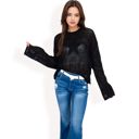 Black Large Women's Oversized Star Cutout Knit Pullover Sweater with Drop Shoulder Design