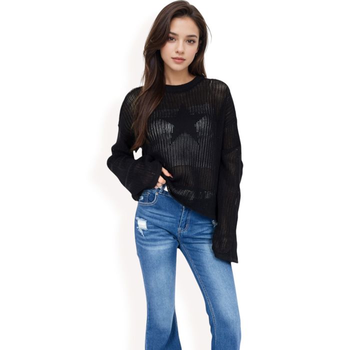 Women's Oversized Star Cutout Knit Pullover Sweater with Drop Shoulder Design