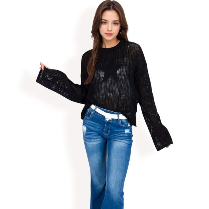 Women's Oversized Star Cutout Knit Pullover Sweater with Drop Shoulder Design