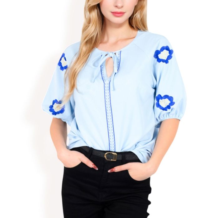 Women's Floral Embroidered Blouse with Puff Sleeves and V-Neckline