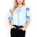  Women's Floral Embroidered Blouse with Puff Sleeves and V-Neckline