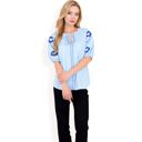 Blue Large Women's Floral Embroidered Blouse with Puff Sleeves and V-Neckline