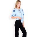 Blue Medium Women's Floral Embroidered Blouse with Puff Sleeves and V-Neckline