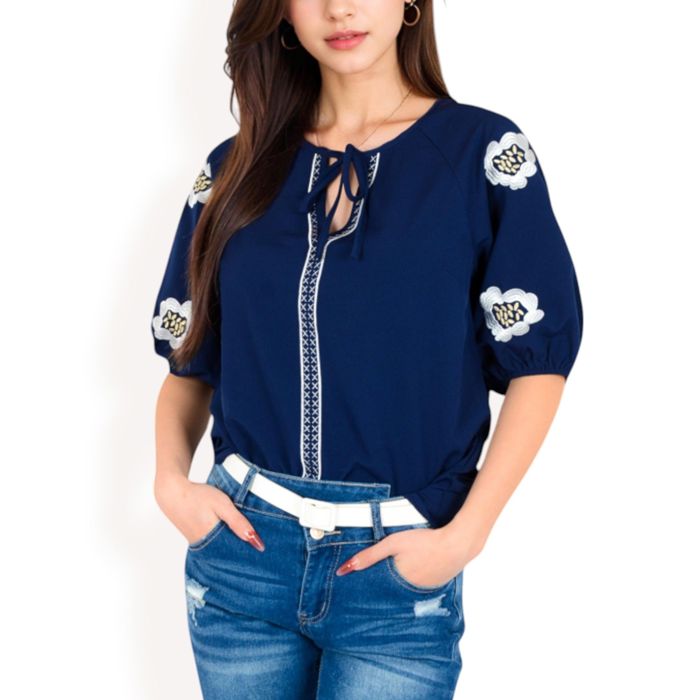 Women's Floral Embroidered Blouse with Puff Sleeves and V-Neckline