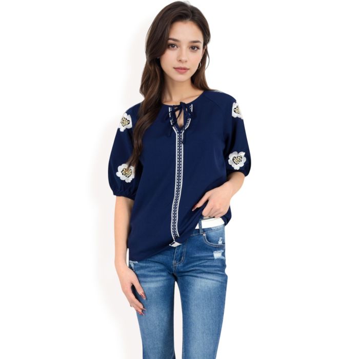 Women's Floral Embroidered Blouse with Puff Sleeves and V-Neckline