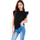 Black Large Women's Ruffled Sleeve Pleated Front Knit Top