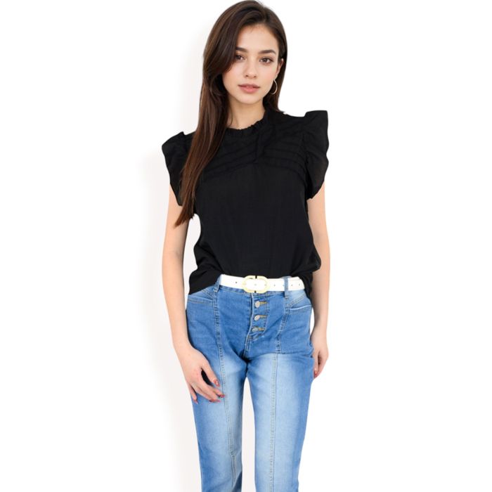 Women's Ruffled Sleeve Pleated Front Knit Top