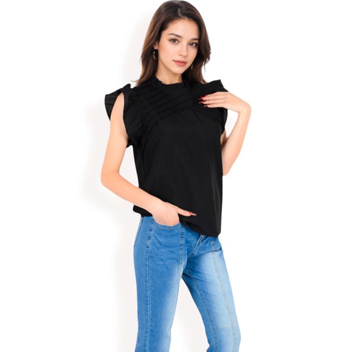 Women's Ruffled Sleeve Pleated Front Knit Top