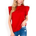 Red Large Women's Ruffled Sleeve Pleated Front Knit Top