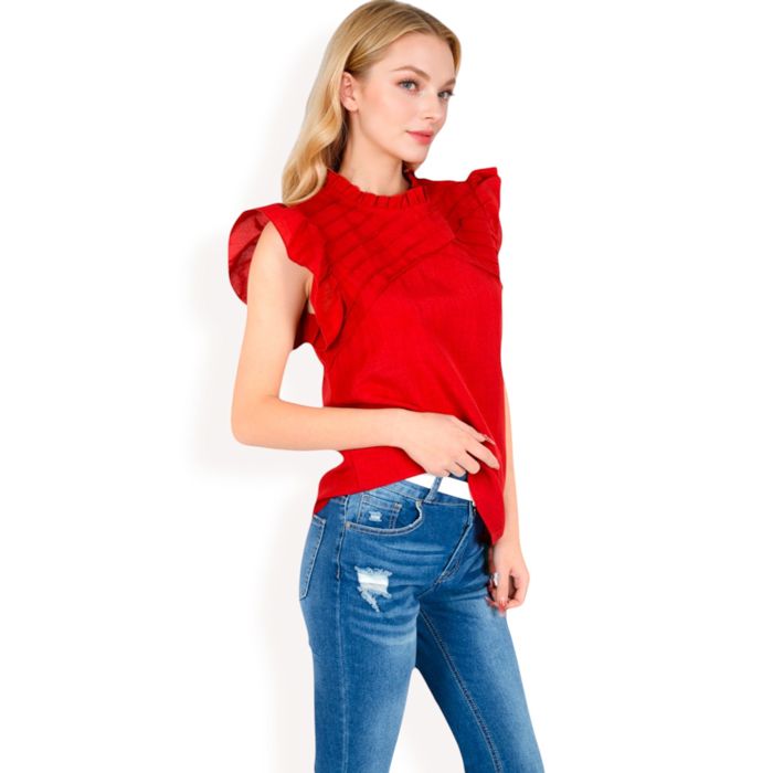 Women's Ruffled Sleeve Pleated Front Knit Top