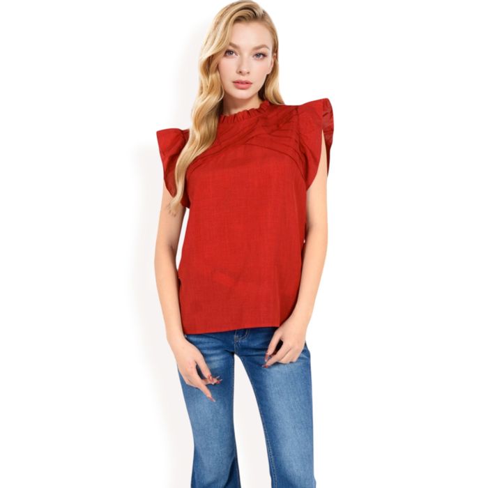 Women's Ruffled Sleeve Pleated Front Knit Top