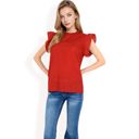 Red Large Women's Ruffled Sleeve Pleated Front Knit Top