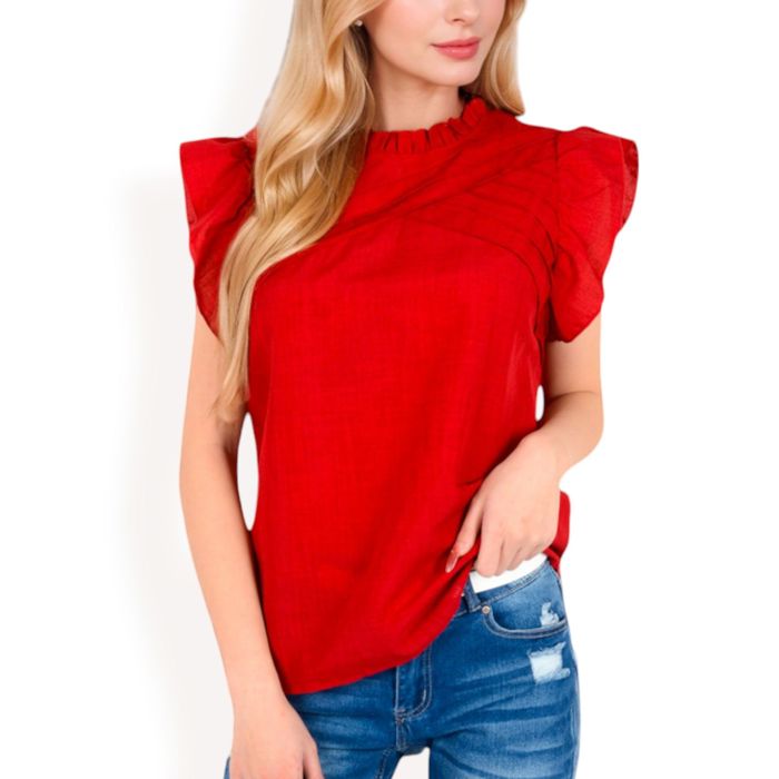 Women's Ruffled Sleeve Pleated Front Knit Top