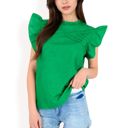 Green Large Women's Ruffled Sleeve Pleated Front Knit Top