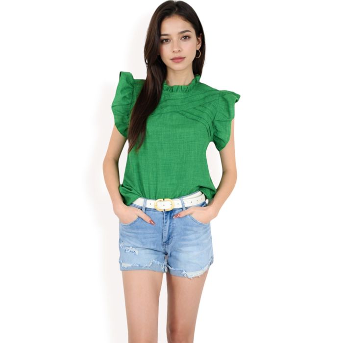 Women's Ruffled Sleeve Pleated Front Knit Top