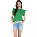 Green Large Women's Ruffled Sleeve Pleated Front Knit Top